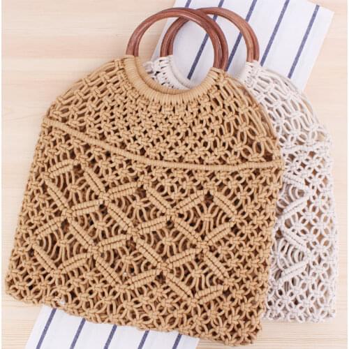 New Arrival Rattan Handle Cotton Rope Net Woven Bag Handmade Straw Handbags Fashion Summer Beach Shoulder Bags Woman Luxury