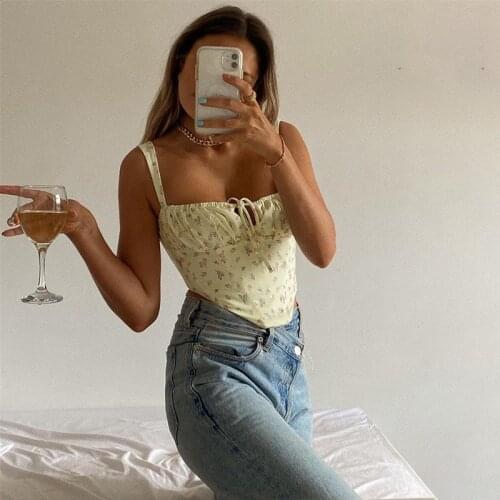 Floral Print Summer Sleeveless Crop Top Women Boning Ruched Strap Sweet Camis Tank Drawstring Sexy Hollow Backless Tops