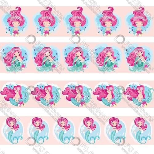 16-75MM Pink Mermaid Printed Grosgrain&Sati&Foe&&Lanyard DIY Handmade Materials Christmas Wedding Gift Wrap Tape 50yards