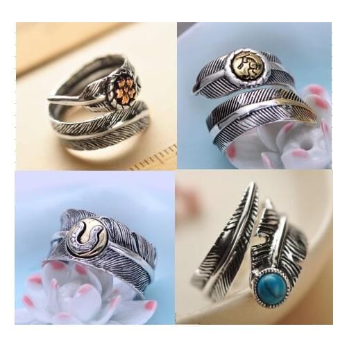 925 sterling silver jewelry retro Thai silver indian traditional feathers open ring couple models men and women ring