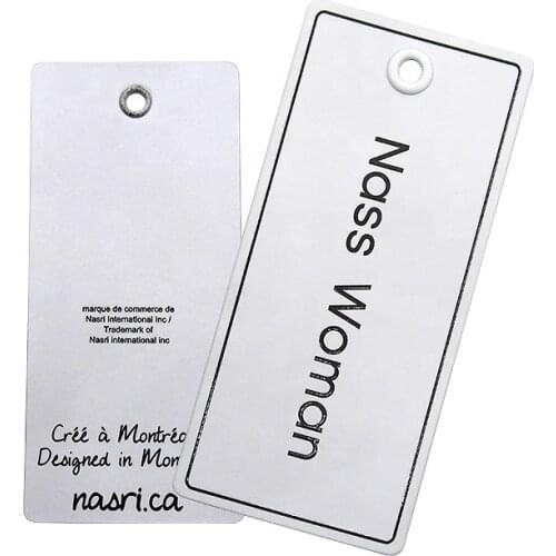 White Garment debossed hang tag with black print