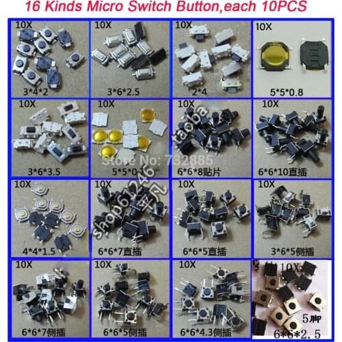 Free Shipping 16 Kinds Tactile Push Button Switch, Micro Switch Button For Car Remote Key Widely Used 16Kinds * 10PCS/Kind