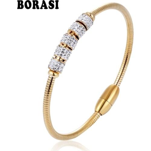 BORASI Surface Crystal Adjustable Cubic Zircon Bracelet Bangle Jewelry Rose Gold Color Stainless Steel Charm Bracelet For Women