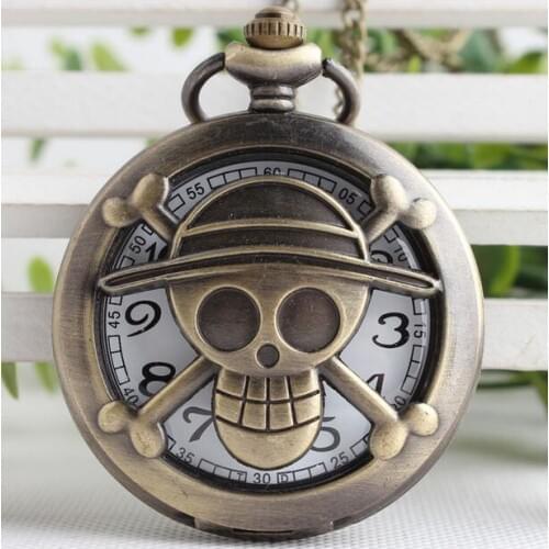Retro Bronze One Piece Pirate Skull Hollow Quartz Pocket Watch Pendant Necklace For Women Men Children Gift GYT52