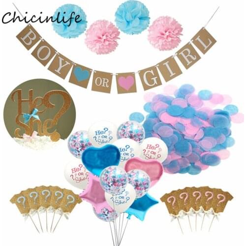 Chicinlife Boy or Girl Banner Pompom Flower Pink Blue Confetti Balloons He She ? Cake Topper Gender Reveal Party Decoration