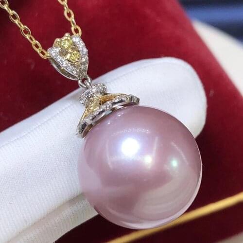 D401 Pearl Pendant Fine Jewelry Solid 18K Gold Natural 15-16mm Round Light Purple Pearls Pendants Necklaces for Women