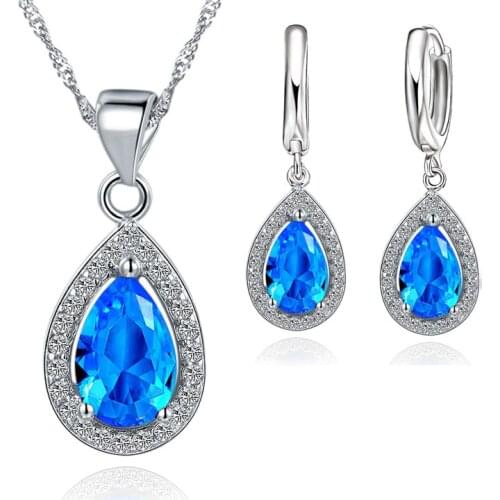 Classic Women Waterdrop Crystal Pendant Necklaces Drop Earring Set For Wedding 925 Sterling Silver Bridal Jewelry Sets