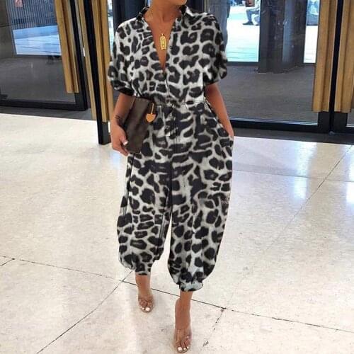 V-neck Leopard Print Women Vintage Romper Plus Size 5XL Single Breasted Lace Up Jumpsuit Ladies Spring Autumn Loose Rompers