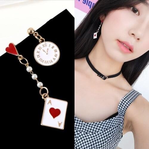 Korean girl Alice dream clock poker cute asymmetric hypoallergenic earrings