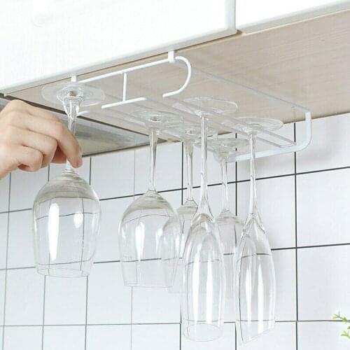 Kitchen Storage Metal White Under Cabinet Hanger Stemware Hanging Corner Wine Glass Holder Rack Bar With Double Row