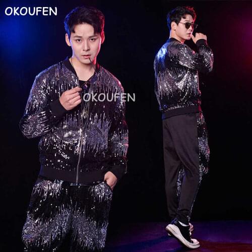 Jacket Pants ) New Fashion Nightclub Mens Sequins Costumes set Bar Singer DJ show Stage Performance dance wear