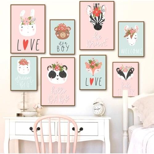 Cartoon Flower Fox Bear Panda Rabbit Cat Nordic Posters And Prints Wall Art Canvas Painting Animal Wall Pictures Kids Room Decor