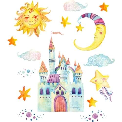 Cartoon sun moon castle wall sticker child kids room home decoration bedroom mural removable wallpaper nursery decor stickers