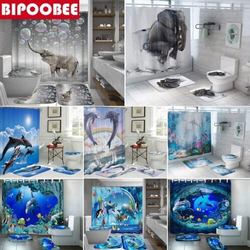 Elephant Bathroom Sets Ocean Dolphin Deep Sea 3D Shower Curtain with 12 Hooks Pedestal Rug Lid Toilet Cover Bath Mat Set