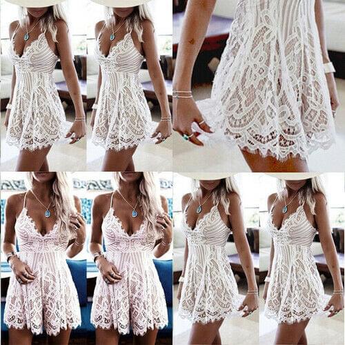 2020 New Solid Sexy Women Deep V-neck Lace Dress Summer Sundress Holiday Ladies Sling Boho Floral Mini Skirt Party Clubwear Suit