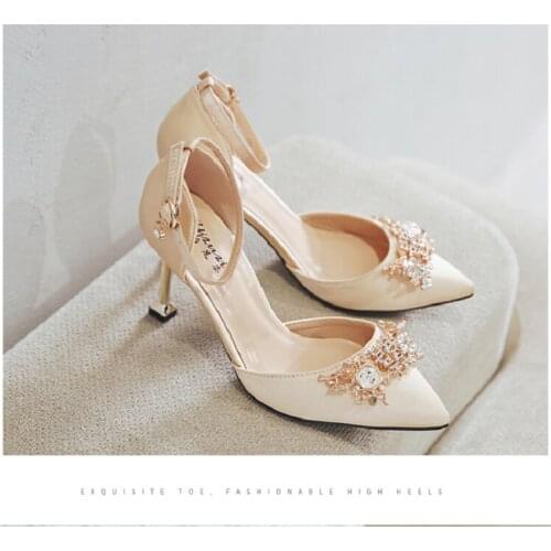 Spring new pointed stiletto high-heeled silk bridal wedding shoes large size small size banquet dress all-match female sandals