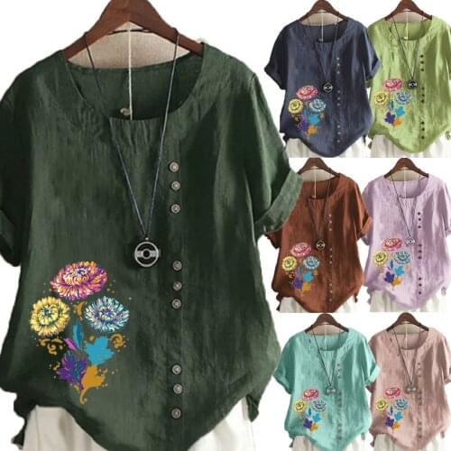 New Women Summer Casual Flower Print Loose T-shirts Vintage Round Neck Plus Size Short Sleeve Blouse Tops S-5XL