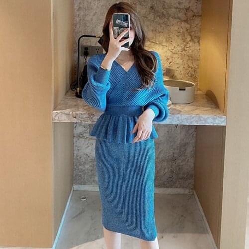 ZAWFL Autumn Women Shiny Knitting Skirts Sets Lurex Ruffles Long Sleeve Sweater Tops+High Waist Bodycon Skirt Two Pieces Set