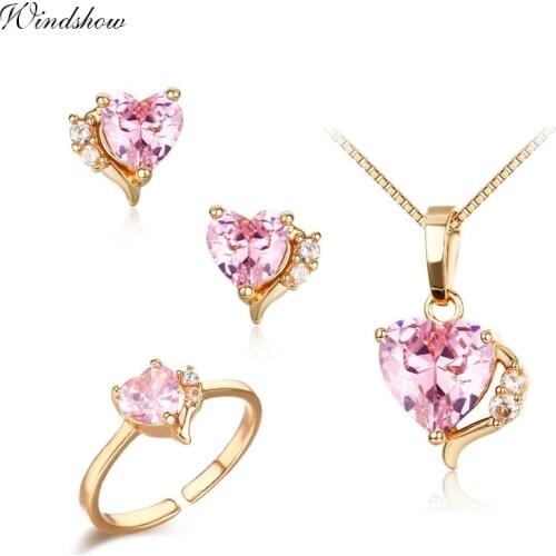 6Colors Cute Peach Heart CZ Yellow Gold Color Pendant Necklace Stud Earrings Ring Small Jewelry Sets for Women Girls Kids Child