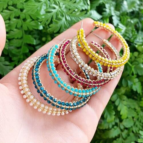 KOMi C-shaped Turquoises Acrylic Beads RedRuby Color Pearl Crystals Exaggerated Hoop Earrings Earrings Jewelry Brinco K4224