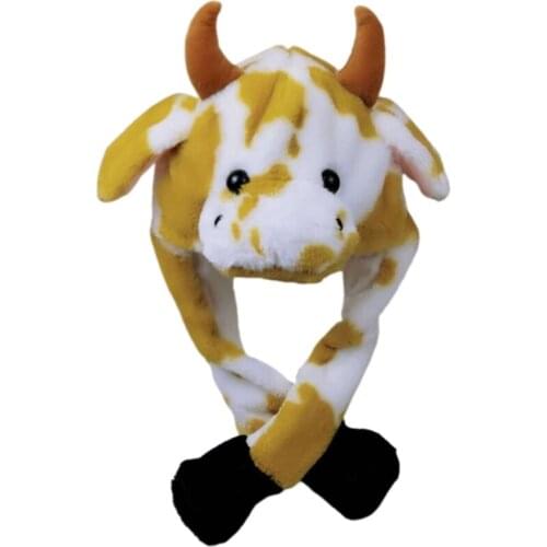 LED Light Up Plush Animal Hat with Moving Jumping Ears Multicolor Cartoon Milk Cow Earflap Cap Stuffed Toys Photo Props