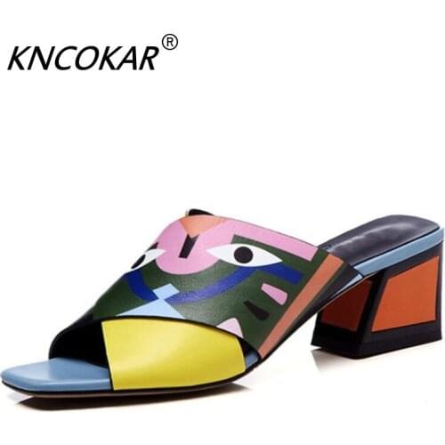 Spring Women Pumps Fashion Shoes Genuine Leather Square Toe 5.5 Cm Strange Style Heels Women Slippers x1098