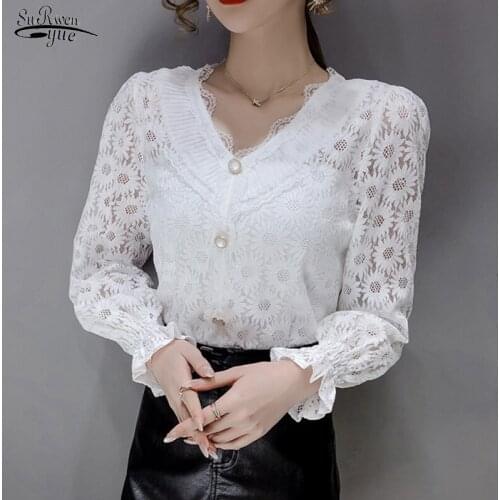 Autumn Fashion Button Mesh Crochet Lace Blouse Women White Vintage Long Sleeve Tops Sexy Lace Patchwork Hollow Out Shirt 16002