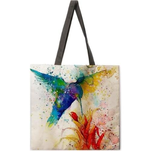 Watercolor painting dragonfly animal linen shopping bag ladies shoulder bag foldable shopping bag fashion beach bag handbag