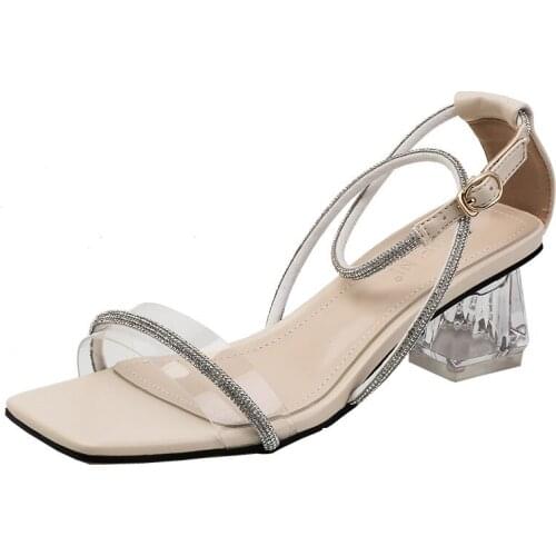 Fashion Womens Sandals Female 2021 New Summer Fairy Style Crystal Mid-heel Open Toe Shoes Ankle Strap High Heels