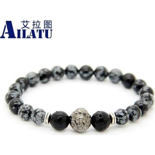 Ailatu Jewelry Snowflake Obsidian Stone Beads Gun Black Lion Head Bracelet for Men and Women Gift