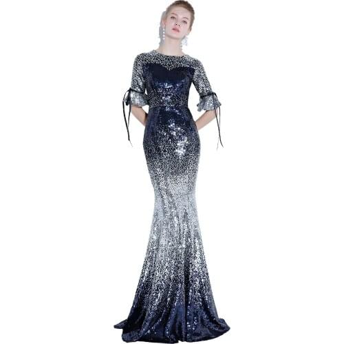 Beauty Emily Evening Dress 2019 Long Shiny Sequin Contrast Color O-neck Trumpet Floor-length Dinner Gowns robe de soiree