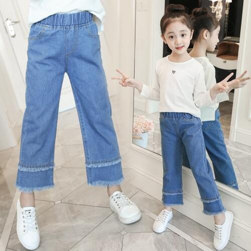 5 Options Girls Fashion Tassel Holes Jeans Trousers Spring Fall Children Straight Denim Pants Kids Loose Broad-Legged Pants X406