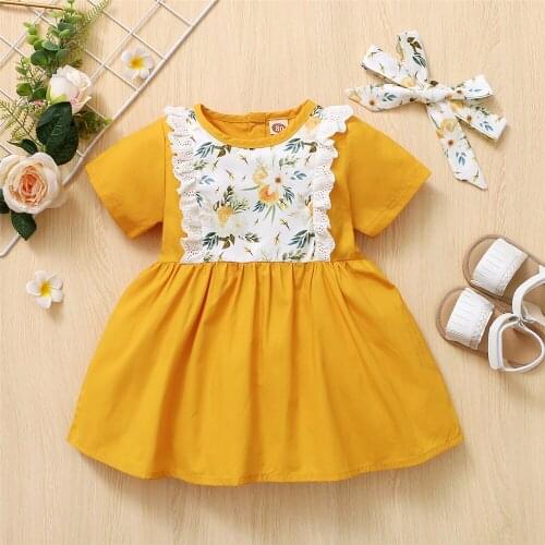 9M-3T Girl’s Summer Casual Lace Trim Short Sleeve Dress With Headband Elegant Yellow Floral Printed A-Line Princess Dress