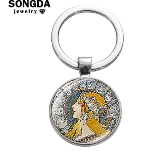 SONGDA Chic Victorian Alphonse Mucha Nouveau Art Painting Keychain Handmade Photo Glass Dome Pendant Car Key Chain Handbag Decor