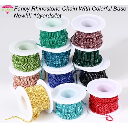 RESEN New Arrival Colorful Rhinestone Chains Dense Fancy Chain Apparel Sewing Glass Rhinestone Cup Chain With Colorful base