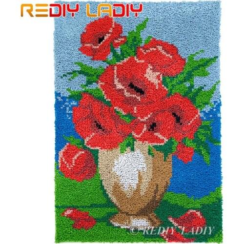 Latch Hook Rug Poppies Vase Chunky Yarn Tapestry Kits DIY Carpet Rug Knitted Floor Mat Crochet Cushion Arts & Crafts 58*82cm