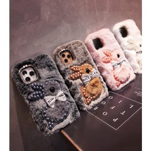 Fur Plush Cute Diamond Phone Case For iPhone 6 7 8 Plus X XS XR 11 12 13 Pro Max 12Mini Cartoon back cover