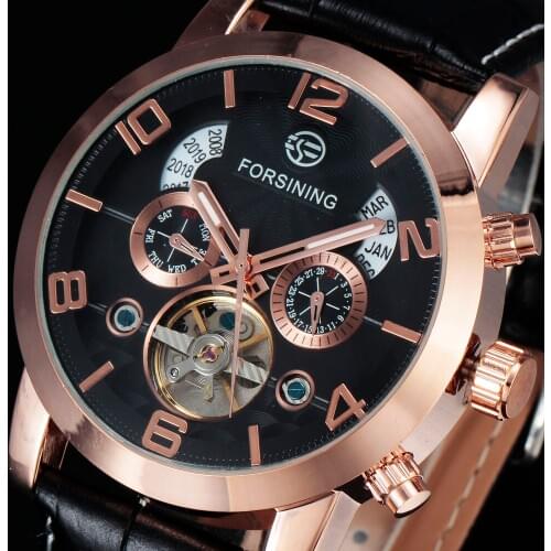 FORSINING Brand Tourbillion Automatic Mens Watches Luxury Leather Strap Calendar Mechanical Rose Gold Wristwatch Gift Men Clock