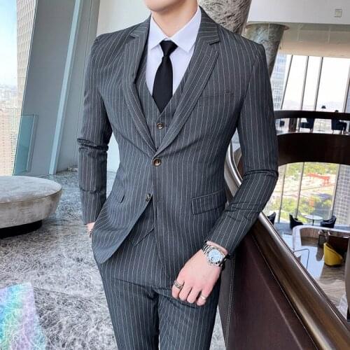 New British Mens Spring Striped Suit Three-piece Slim Fashion Wedding Banquet Stage Dress Casual Business Plus Size Suit 5XL
