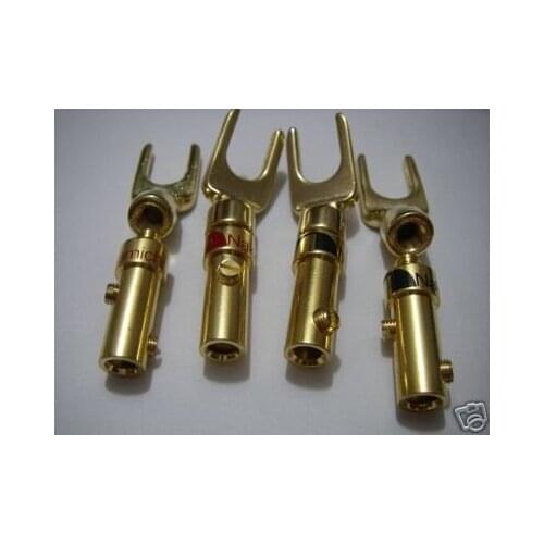PAIR 24K-GOLD PLATED SOLDERLESS SOLDER FREE AUDIO CABLE SPADE CONNECTOR PLUG