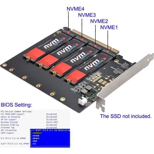 4X NVME M.2 AHCI to PCI-E Express 3.0 Gen3 X16 Raid Card with Fan VROC Raid0 Hyper Adapter