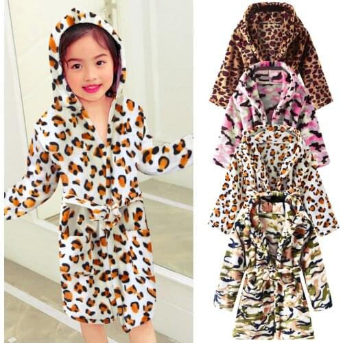 Leopard Kids Robes Hooded Thick Warm Flannel Bathrobes Baby Boys Girls Soft Warm Fleece Pajamas Children Sleepwear Home Clothing