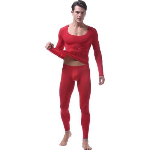 Sexy Underwear Top+Pant Sets Male Winter Thin Ice Silk Undershirt Trousers Nylon Mens Home Sleepwear Tight Long Johns Set M-XL