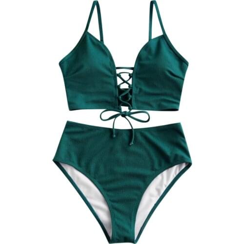 Sexy Bikinis Set Swimwear Woman Two Piece Lace-up Floral Leaf Tankini Sets Swimsuit Bathing Suits Beachwear Biquinis Mujer 2021
