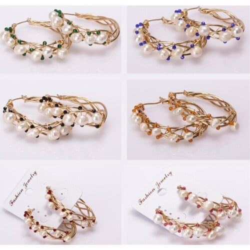 Natural white freshwater pearl beads green blue red black glass beaded gold wire-wrapped vine charm big hoop earrings for woman