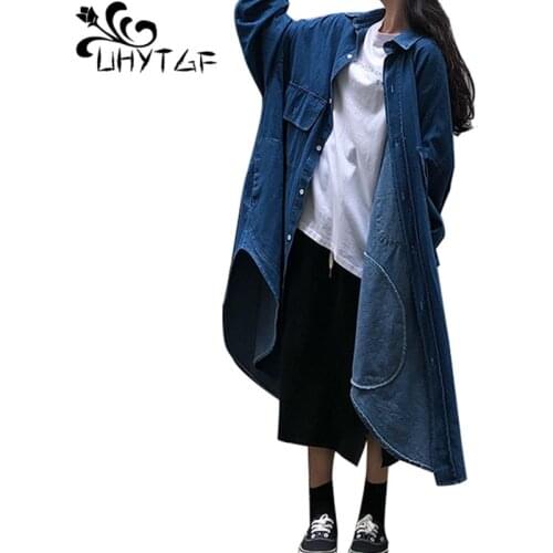UHYTGF Loose Oversized coat womens vintage spring denim jacket Single-breasted long jeans windbreaker outerwear plus size 142