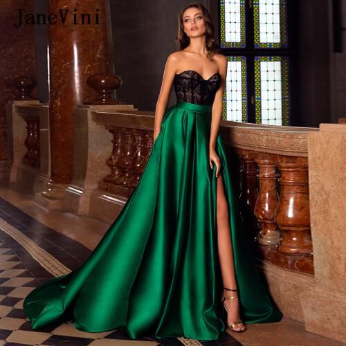 JaneVini 2020 Gorgeous Emerald Green Satin Long Evening Dresses Sweetheart Lace High Split A Line Dubai Arabic Formal Party Gown