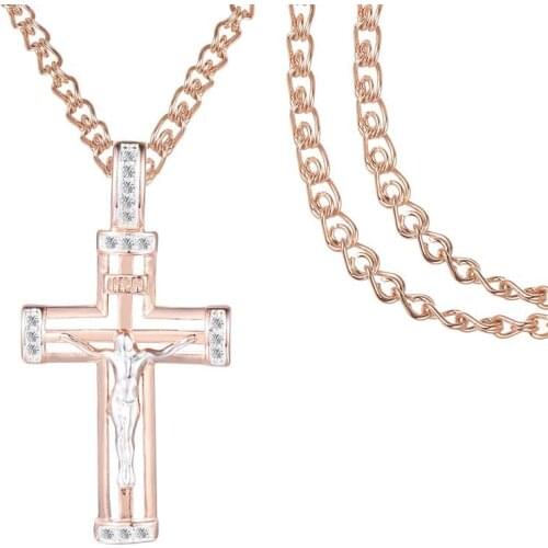 FJ Women Mens Cross Gold Pendant 585 Rose Mixed White Gold Color Pendant+3mm Wide Necklace