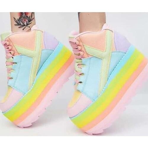 Moraima Snc Fashion Flat Platform Shoes Woman Rainbow leather Lace-up Casual Shoe Runway Girls Shoe