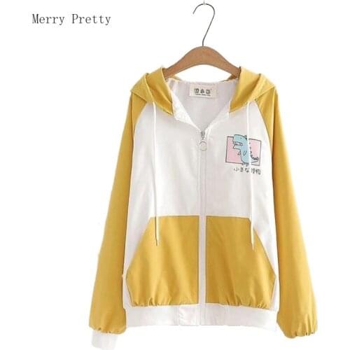 Women Jackets Coat Cartoon Dinosaur Print Zipper Jacket 2020 Autumn Long Sleeve Patchwork Korean Ladies Basic Hooded Outwears